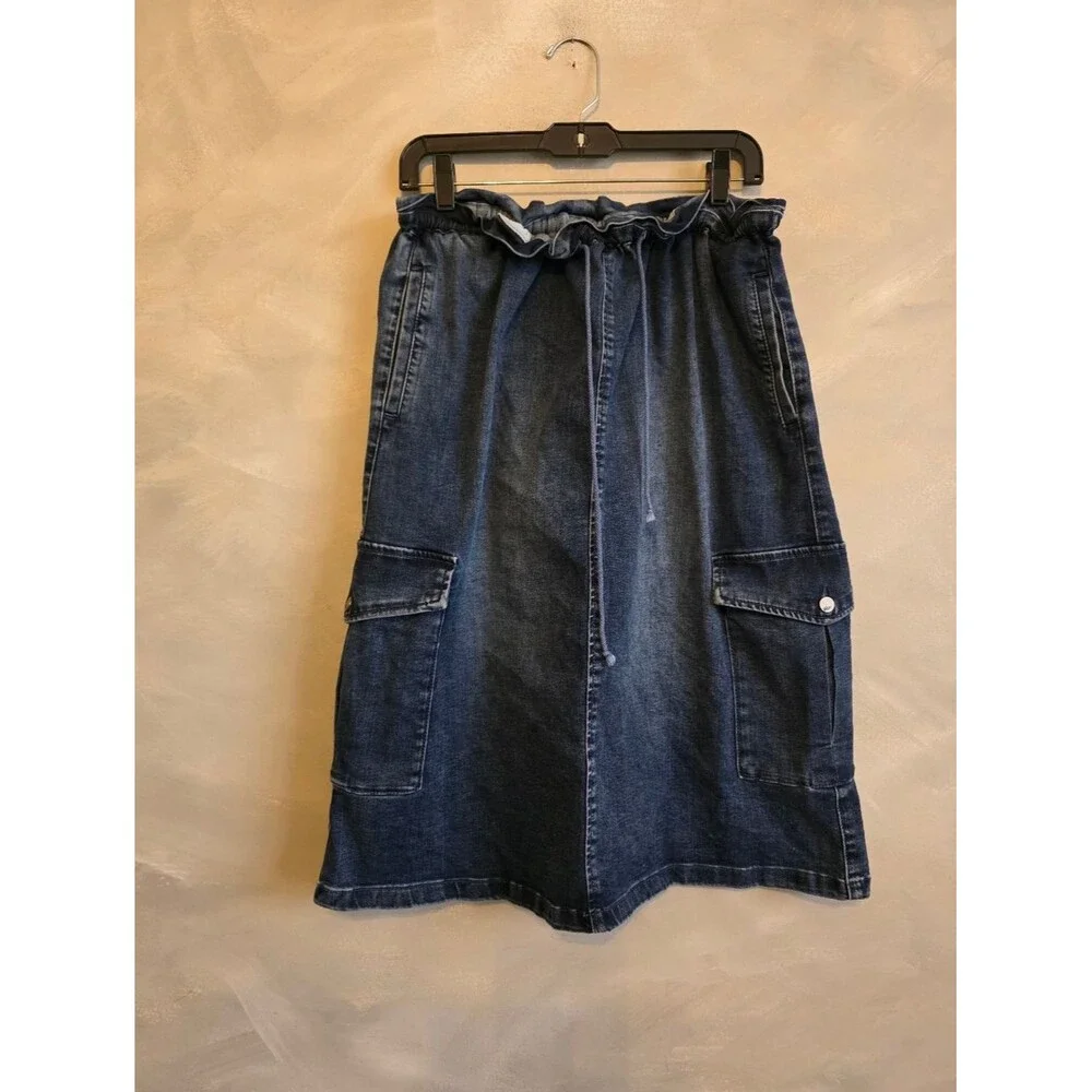 Wash Lab Drawstring Paper Bag Waist Cargo Denim Skirt Patch Pockets Womens M